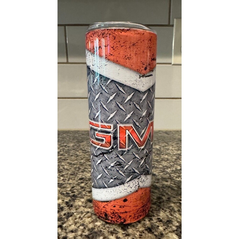 GMC 20oz Stainless Steel Skinny Tumbler Diamond Plate Orange Lid Handmade